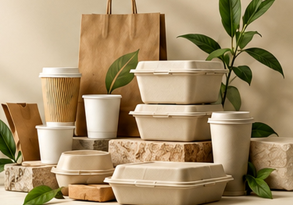A selection of coffee cups, kraft bags and takeaway food containers